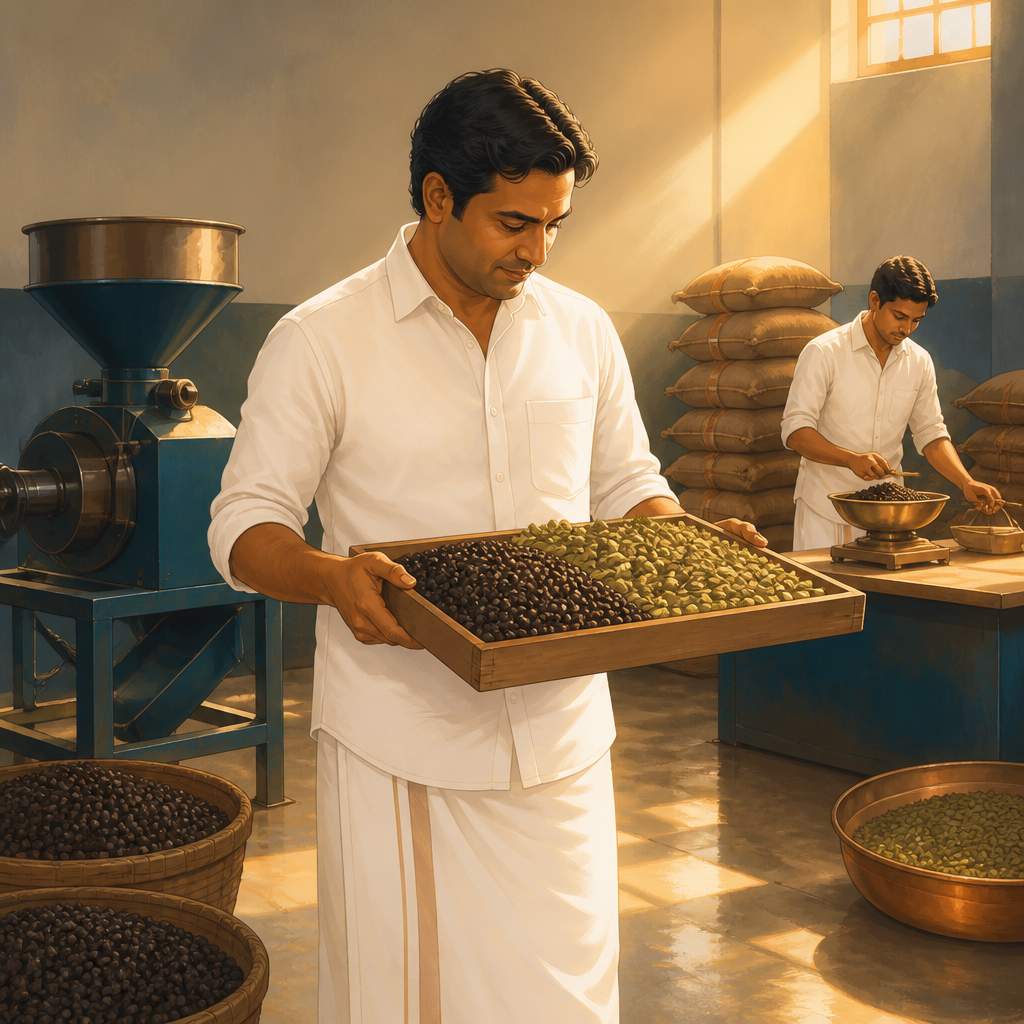 C V Jacob examining peppercorns at his Kolenchery spice unit in 1972