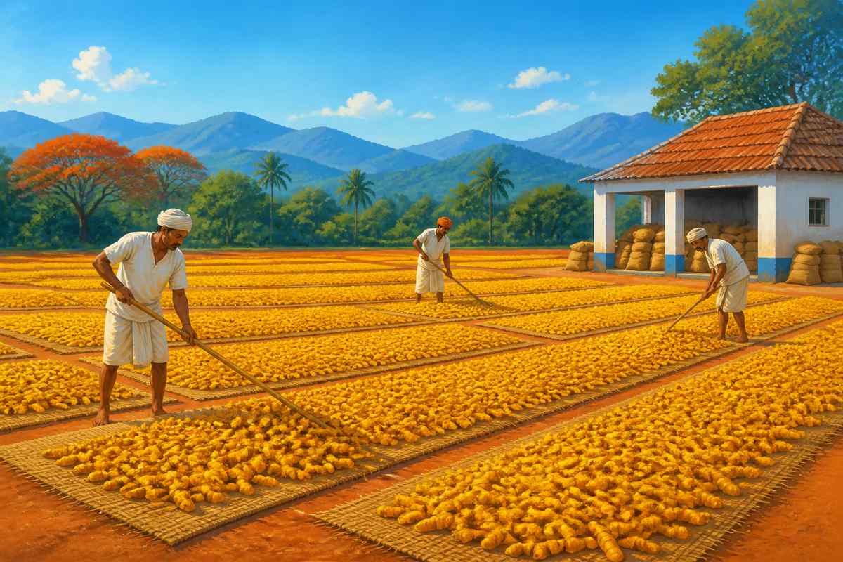A Karnataka turmeric drying yard at midmorning