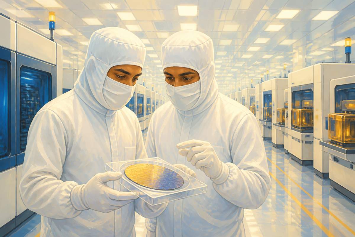Indian engineers inspecting a wafer in a semiconductor cleanroom