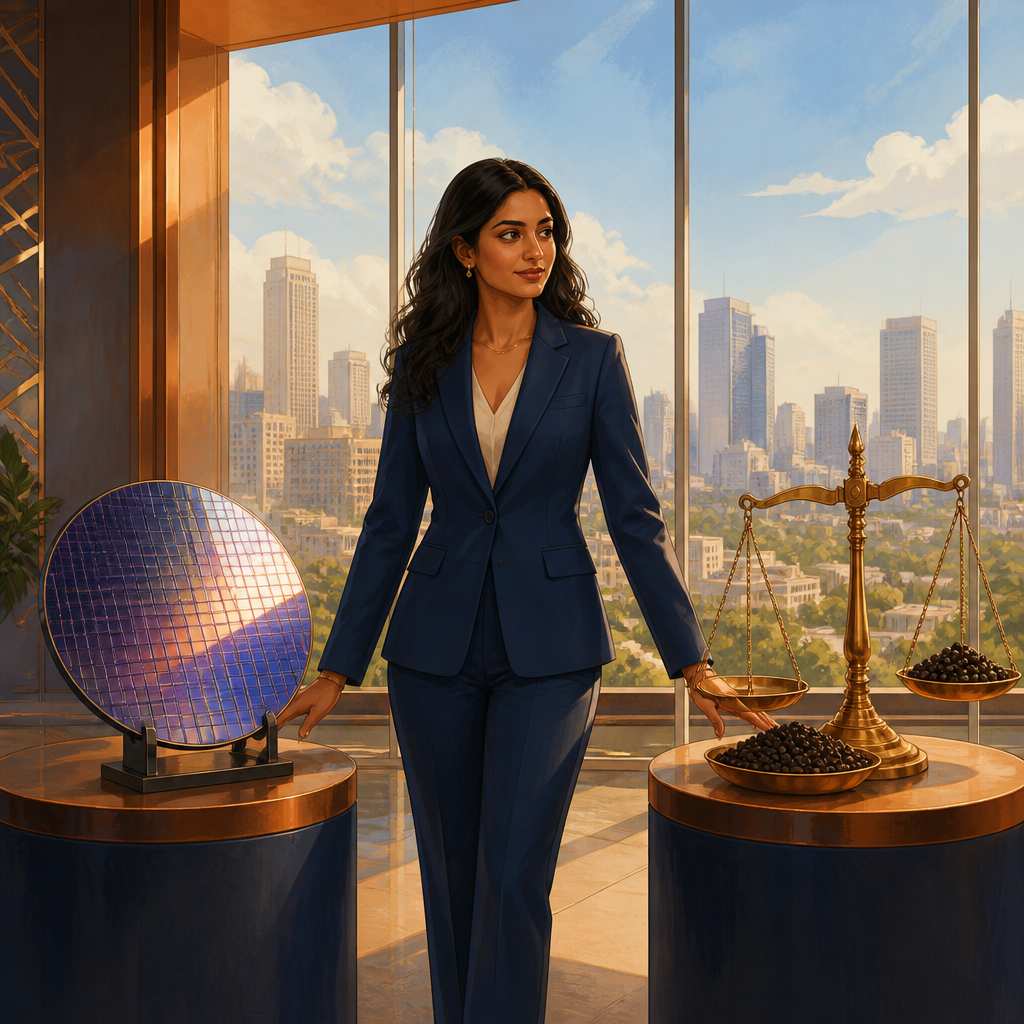 A modern Indian industry leader between a silicon wafer and pepper scale