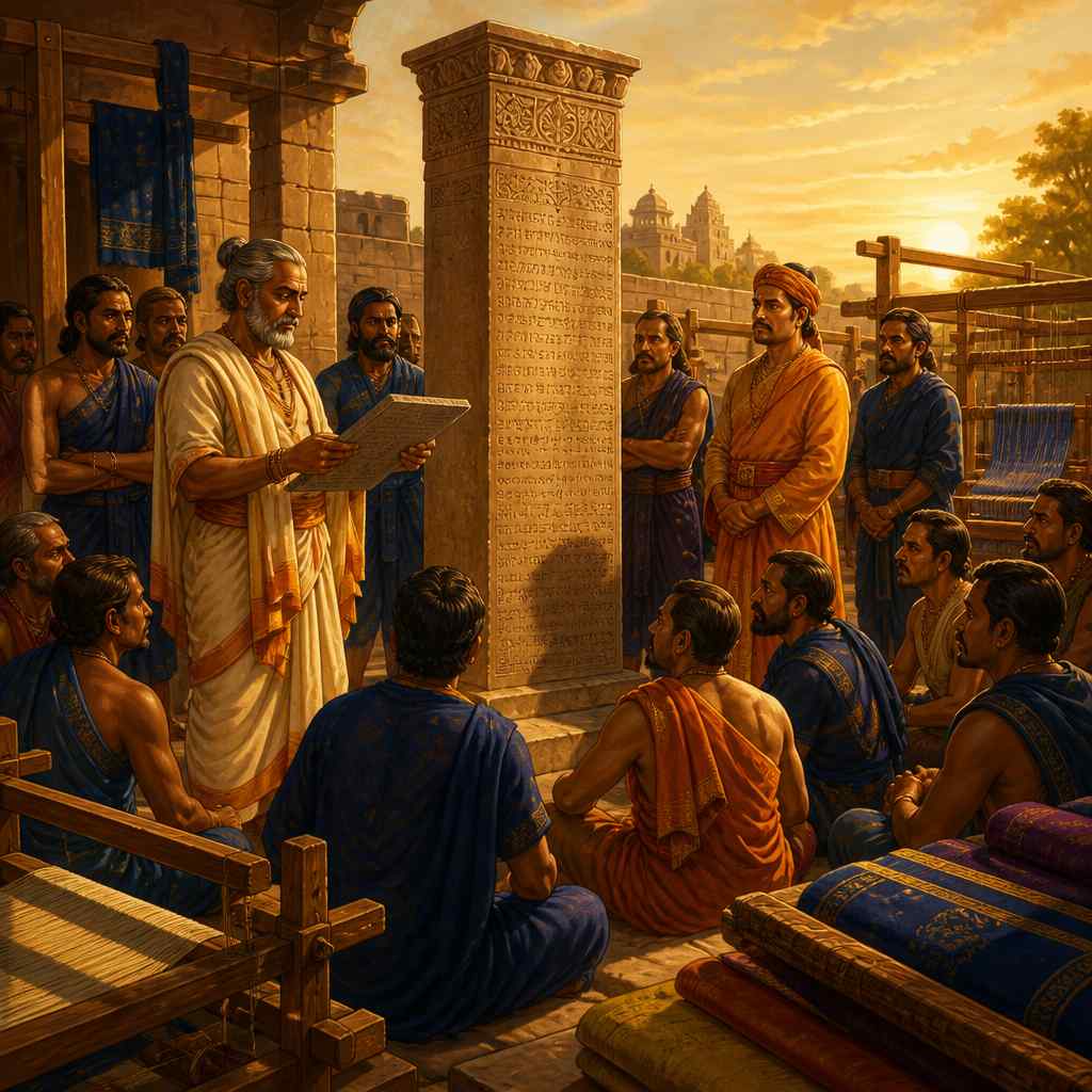 The Dashapura silk weavers reading a guild petition at their Mandsaur inscription