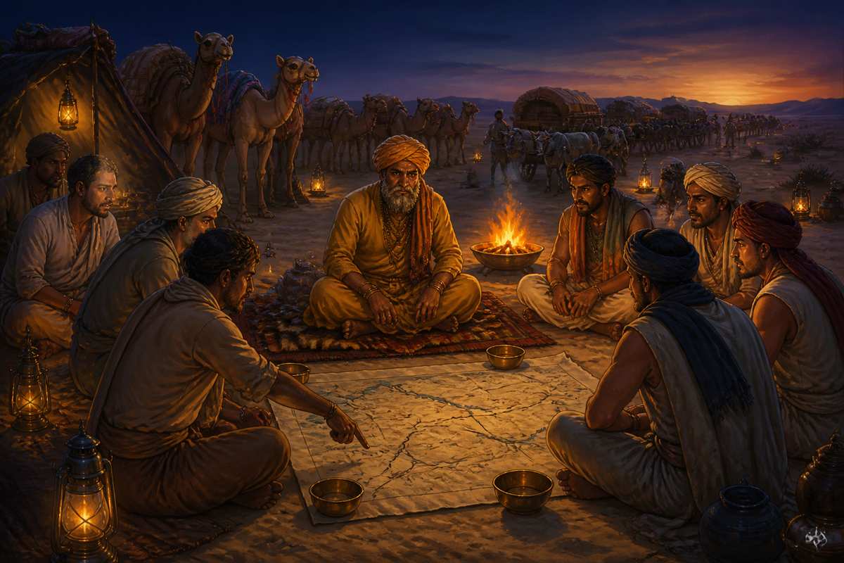 A sarthavaha caravan guild planning routes by firelight in the Thar desert