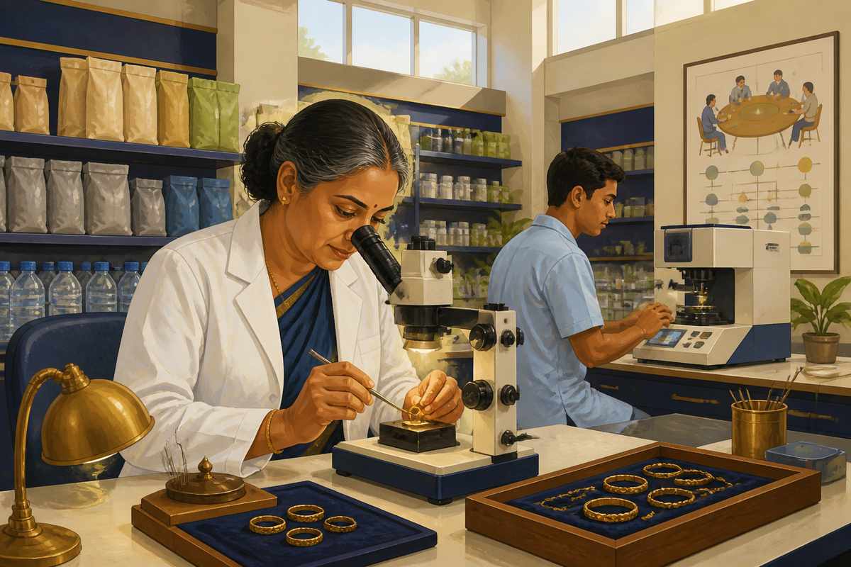 A BIS metallurgist applying an ISI hallmark to a gold ring under a microscope