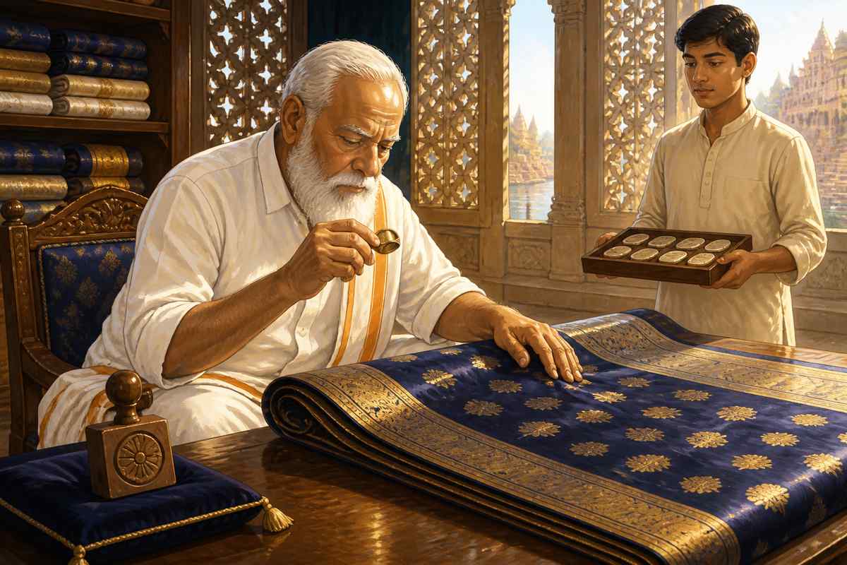 A Kashi Reshmi guild master inspecting silk and stamping it with the guild seal