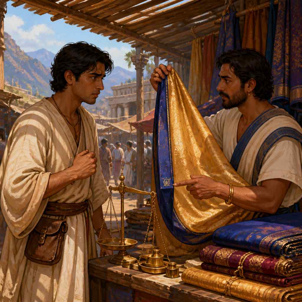 Vasumitra examining a guild-sealed Kashi silk at a Taxila bazaar stall