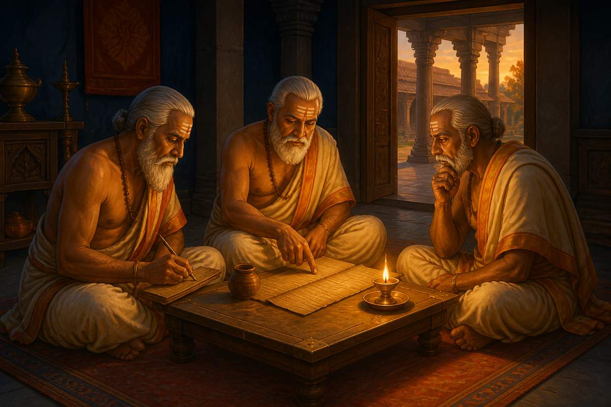 Three shreni elders deliberating over a palm-leaf contract by oil-lamp