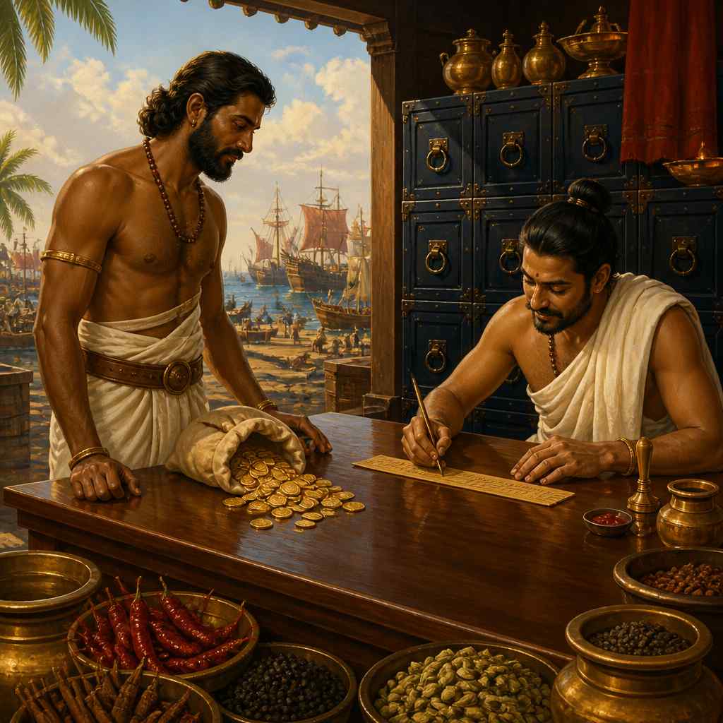 A Muziris shroff writing a hundi for Chandragupta against his Roman gold