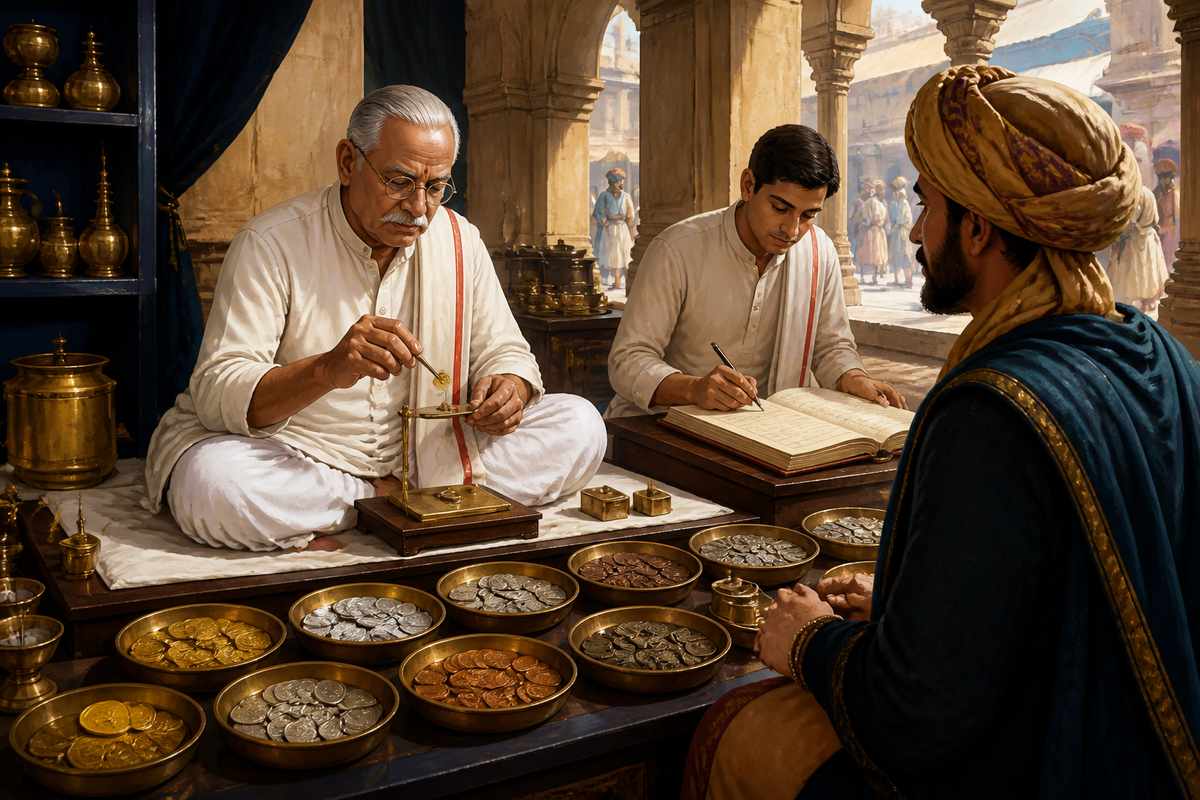 A Marwari shroff testing Persian coins at a stone-pillared bazaar counter