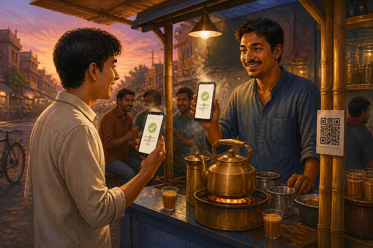 An Indian customer and chai-wallah completing a UPI payment at a tea stall