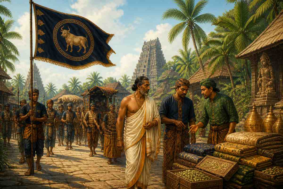 An Ainnurruvar bull-flag caravan trading textiles and spices in medieval Java