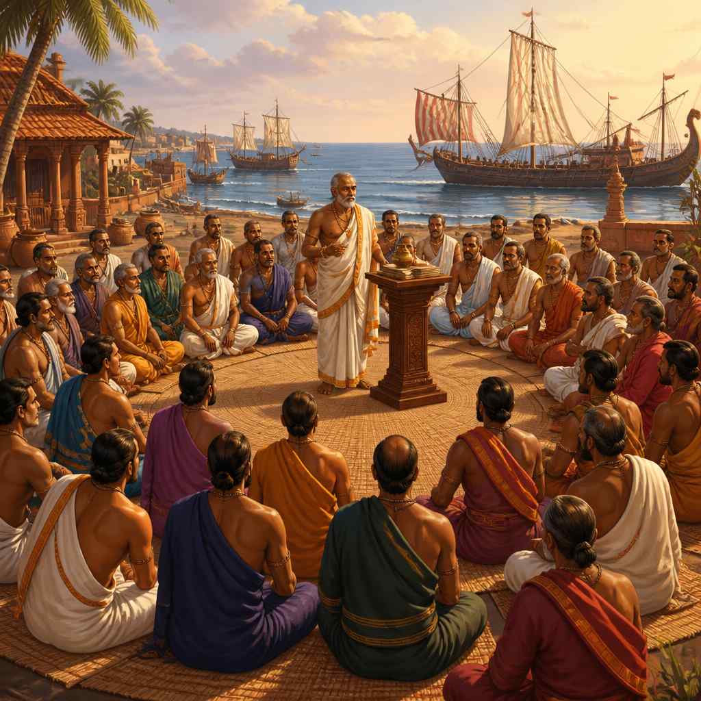 Fifty-five merchants assembling at the seaward courtyard of Arikamedu