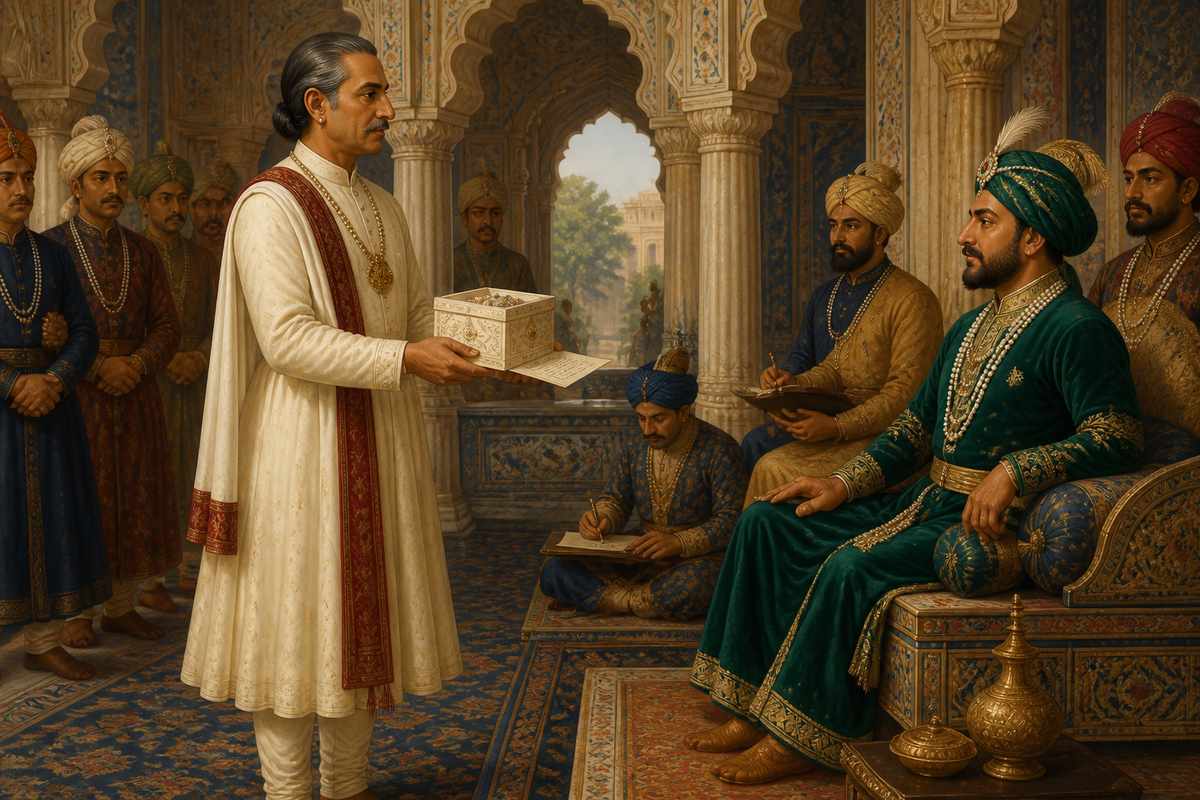 Shantidas Jhaveri presenting a merchant petition at a Mughal subedar's court