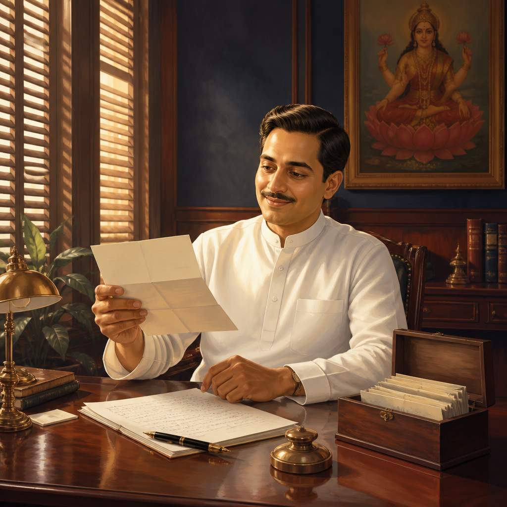 G.D. Birla reading the Firozabad telegram in his Calcutta study in 1927