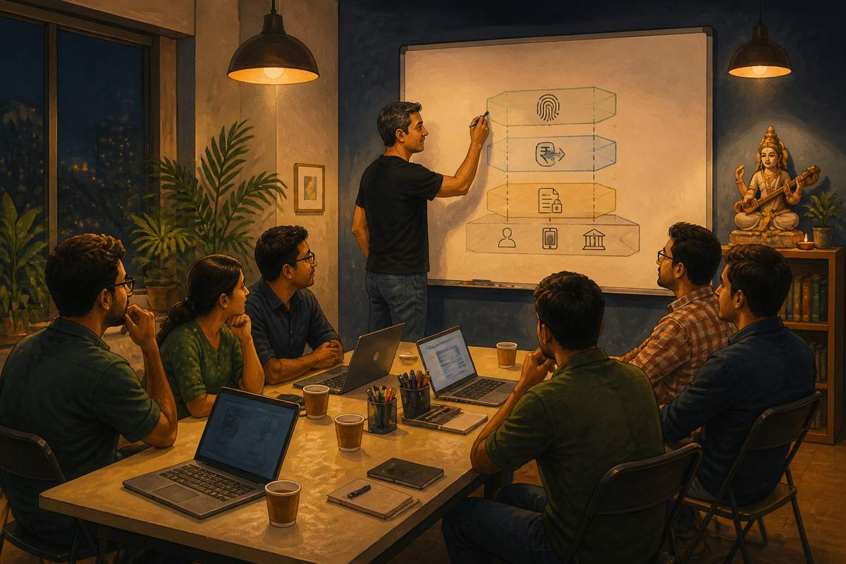 An iSpirt working session sketching India Stack on a Bangalore whiteboard