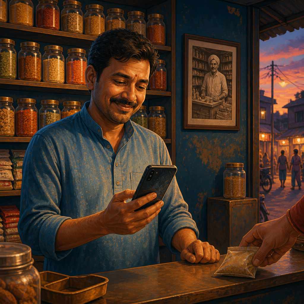 An Indian kirana merchant marvelling at December 2024 UPI transaction volumes