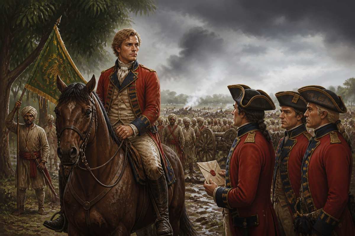 Robert Clive at the edge of Plassey in 1757
