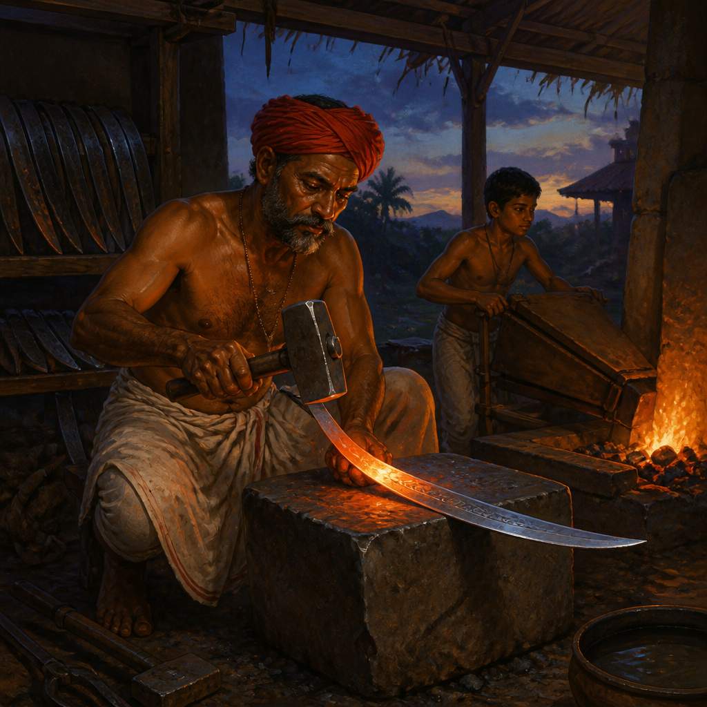 Master wootz steel smith forging in 1790s Mysore