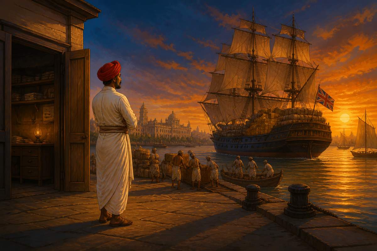 Indian merchant watching a laden British ship depart Calcutta