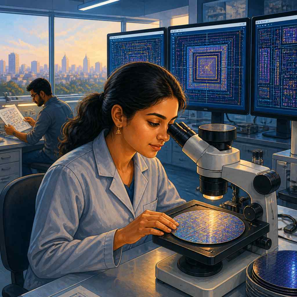 Indian chip designer inspecting an indigenous wafer in Bengaluru