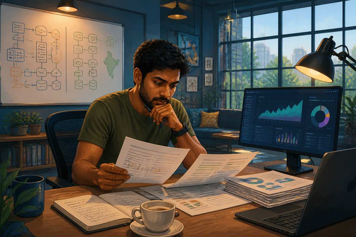 Indian SaaS founder reviewing cloud invoices in Bengaluru