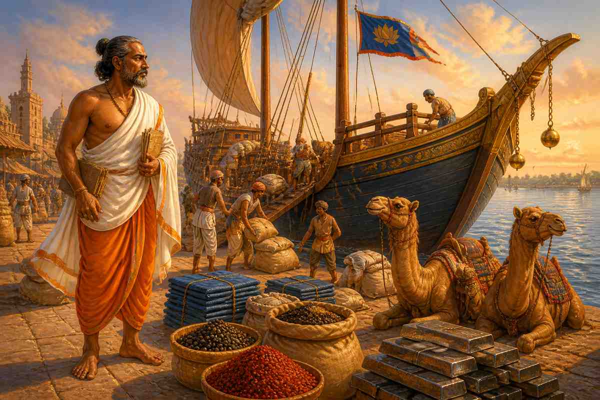 Cambay merchant supervising porters loading a dhow