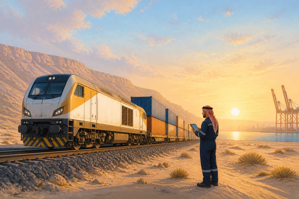 Freight train crossing the Saudi desert toward Haifa