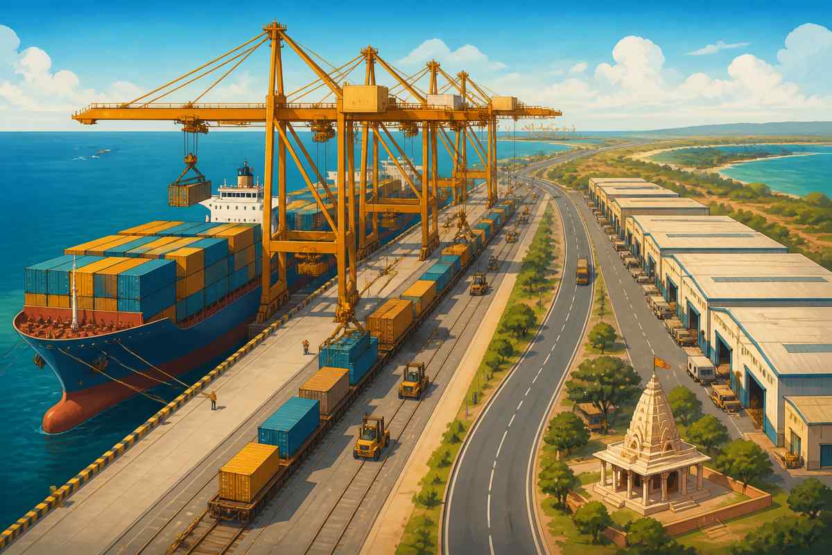 Mundra port at midday with SEZ factories adjacent