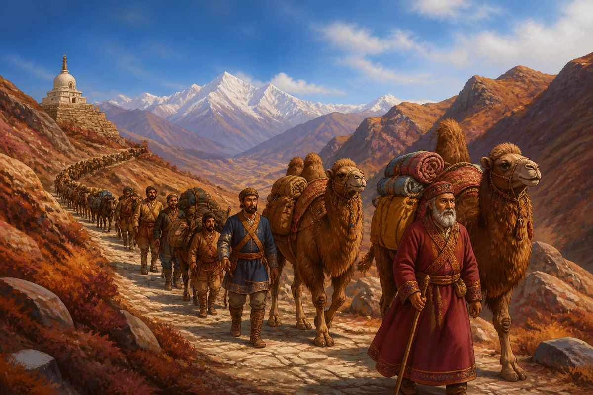 Gandhara merchant caravan crossing northern mountain foothills