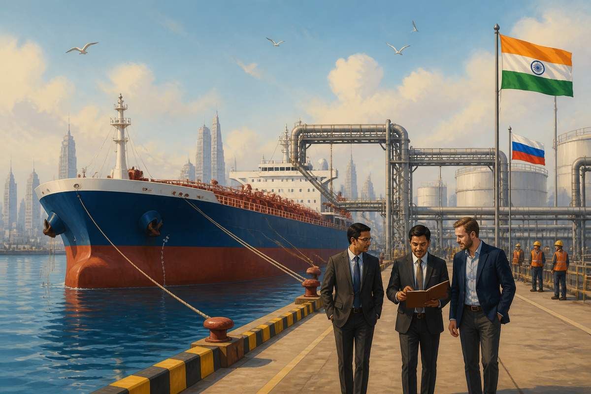 Russian crude tanker docking at an Indian port