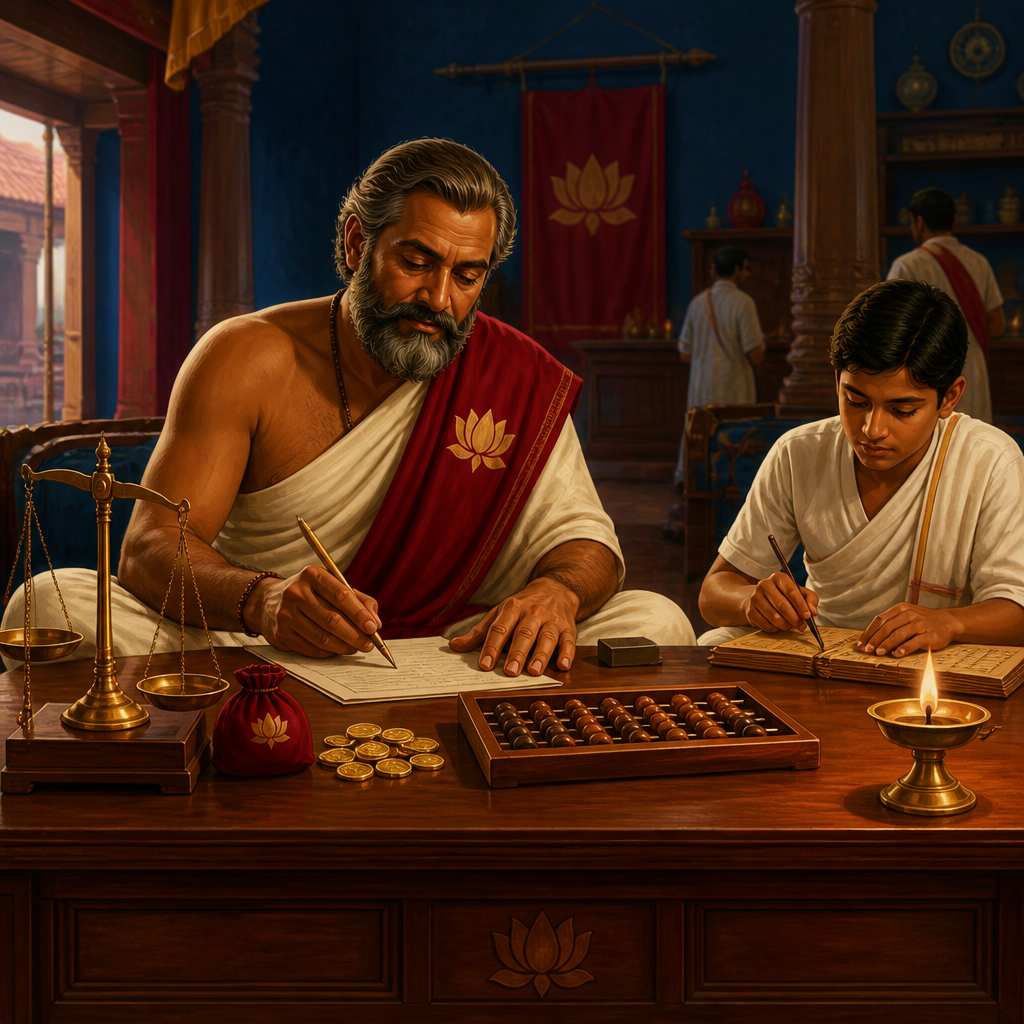 Shreni guild banker writing a hundi by lamplight
