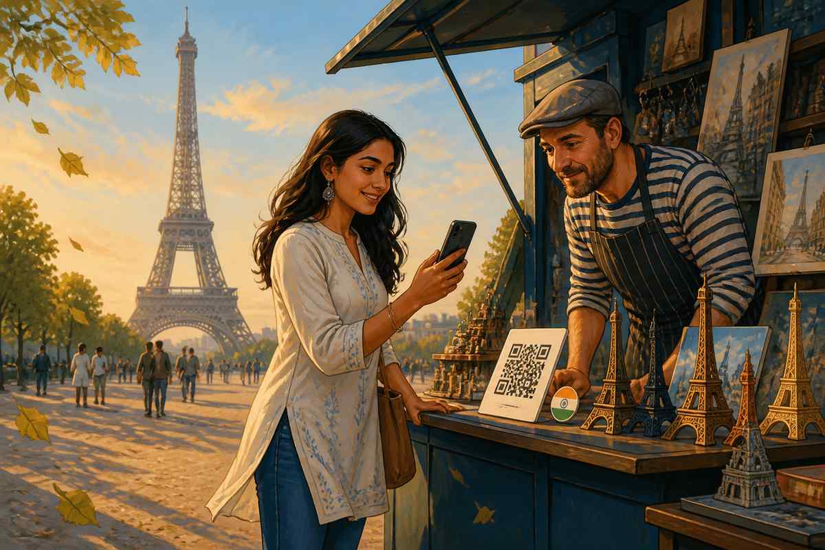 Traveller scanning a UPI QR at the Eiffel Tower