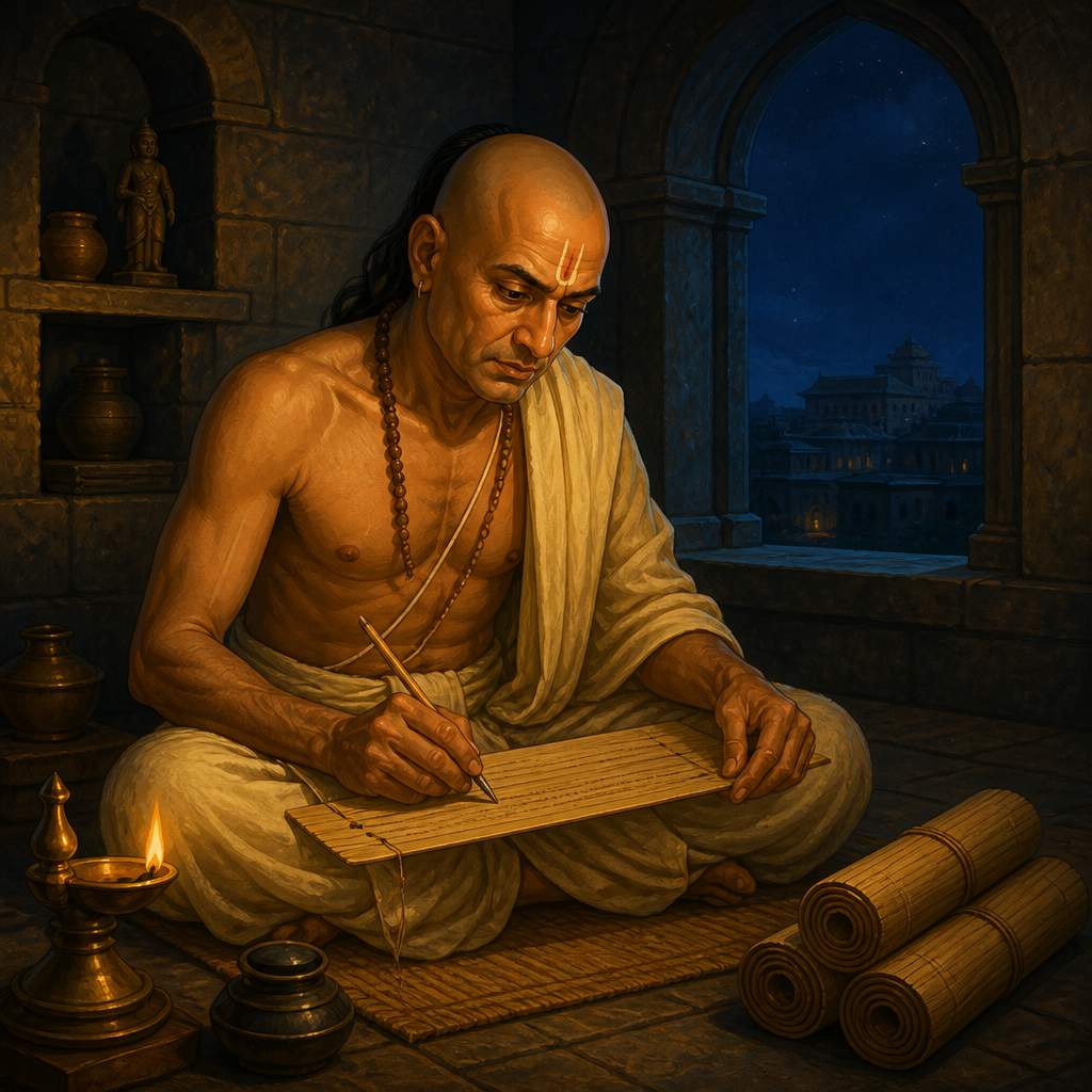Chanakya writing the Arthashastra by oil lamp