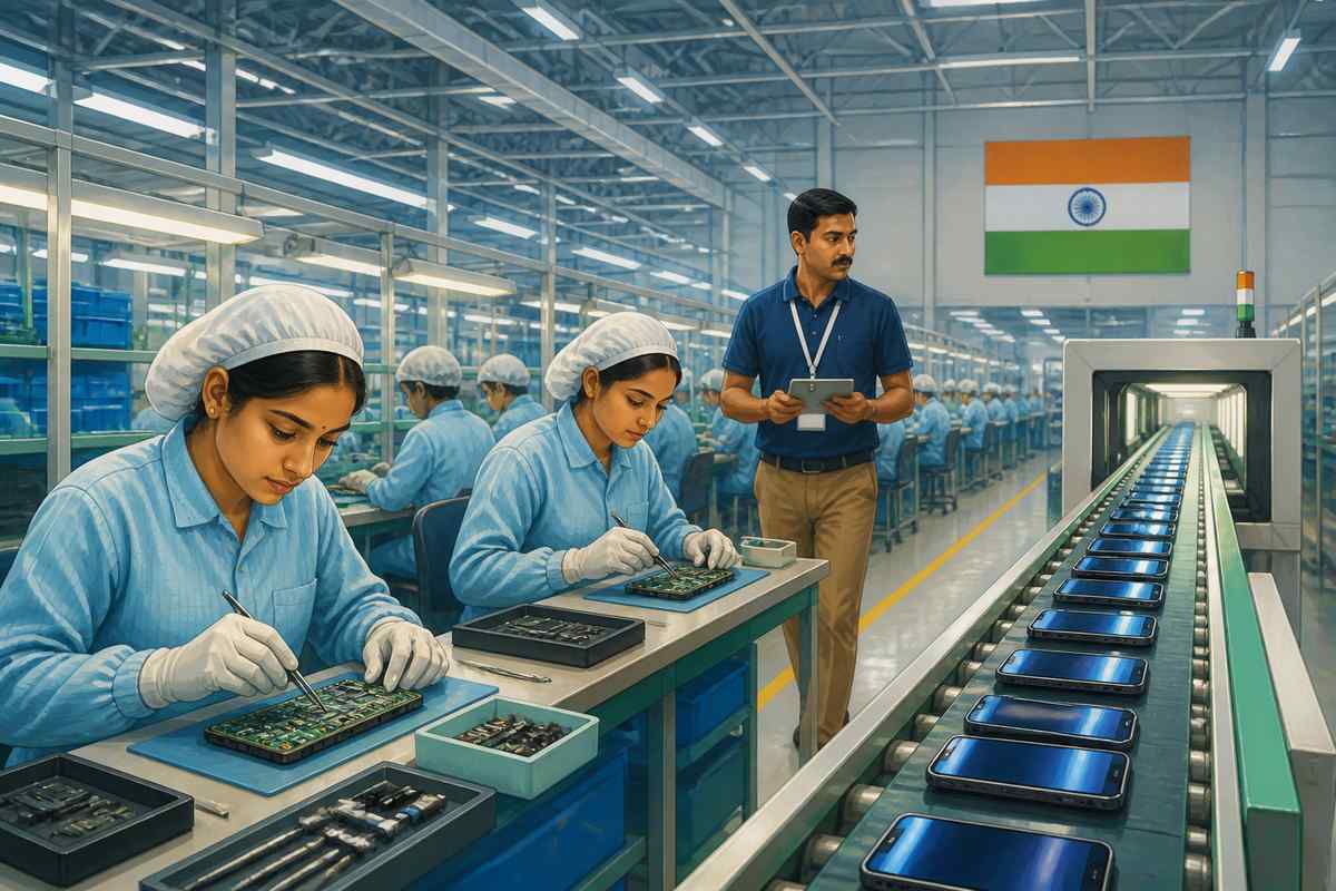 Indian PLI smartphone assembly line at mid-morning