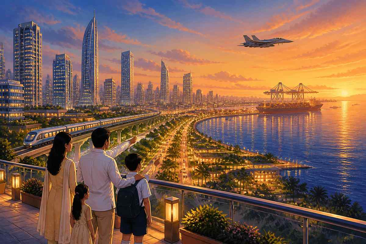Mumbai skyline at dusk in Viksit Bharat 2047