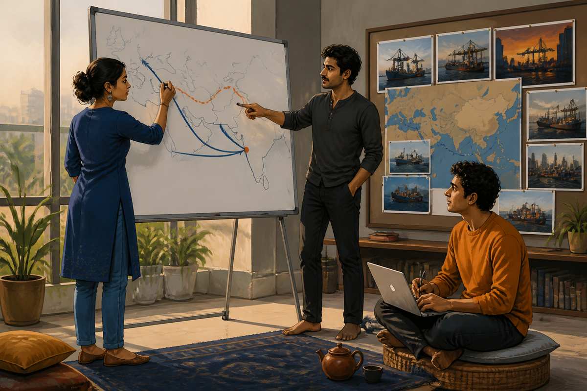 Young Indian founders mapping trade corridors at whiteboard