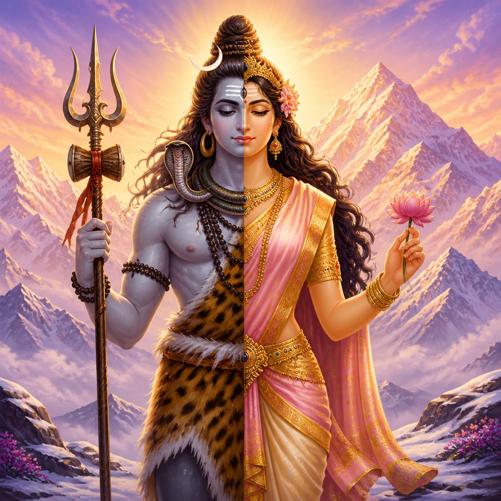 Ardhanarishvara stands on Mount Kailasa, Shiva on the right and Parvati on the left as a single divine form.