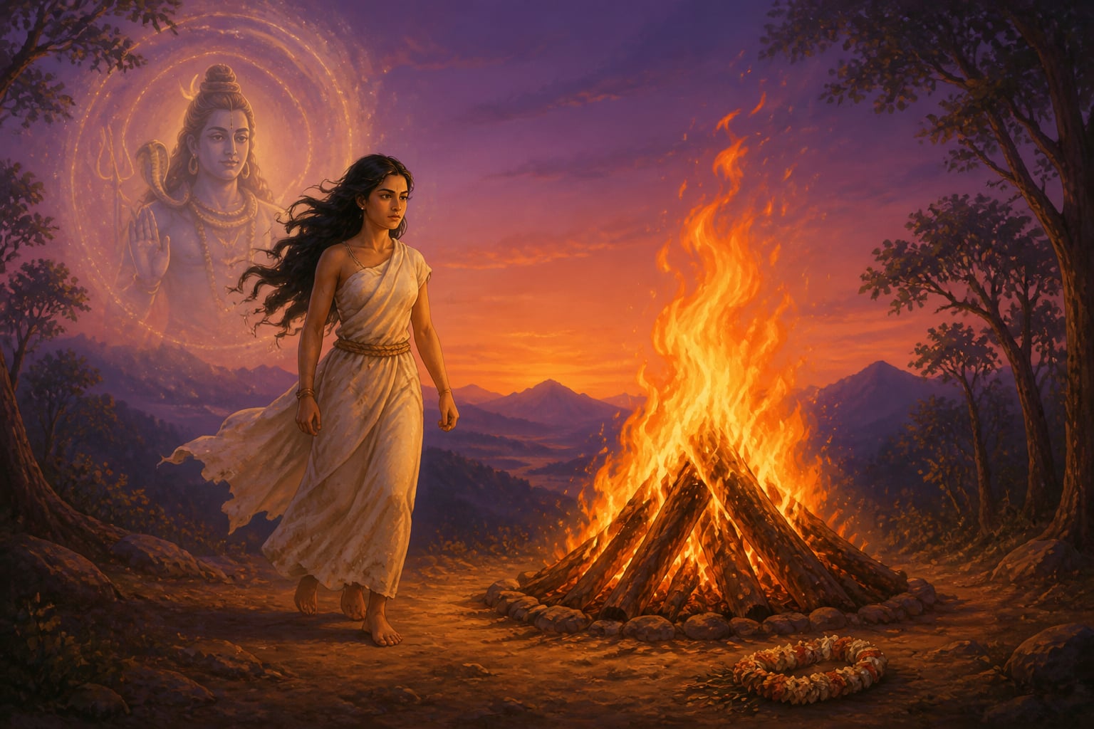 Amba stepping into the fire to choose her next birth