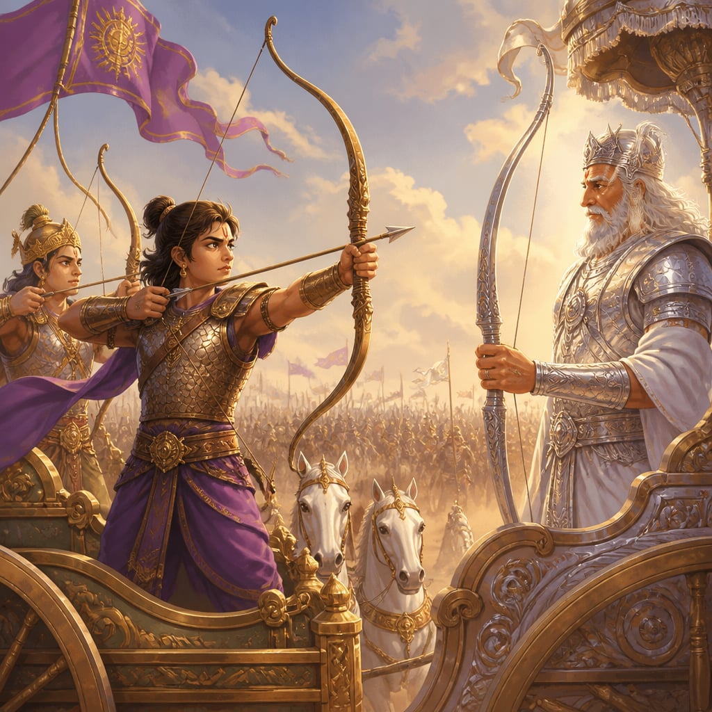 Shikhandi faces Bhishma on the Kurukshetra battlefield as the grandsire lowers his bow.