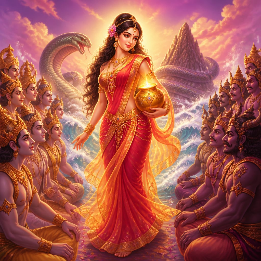 Mohini distributes the amrita to the devas while the asuras sit transfixed at the cosmic ocean.