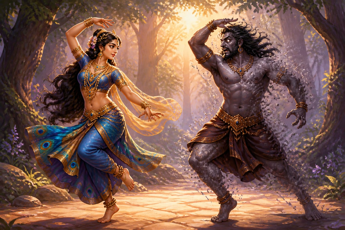 Mohini dancing with Bhasmasura who mirrors her