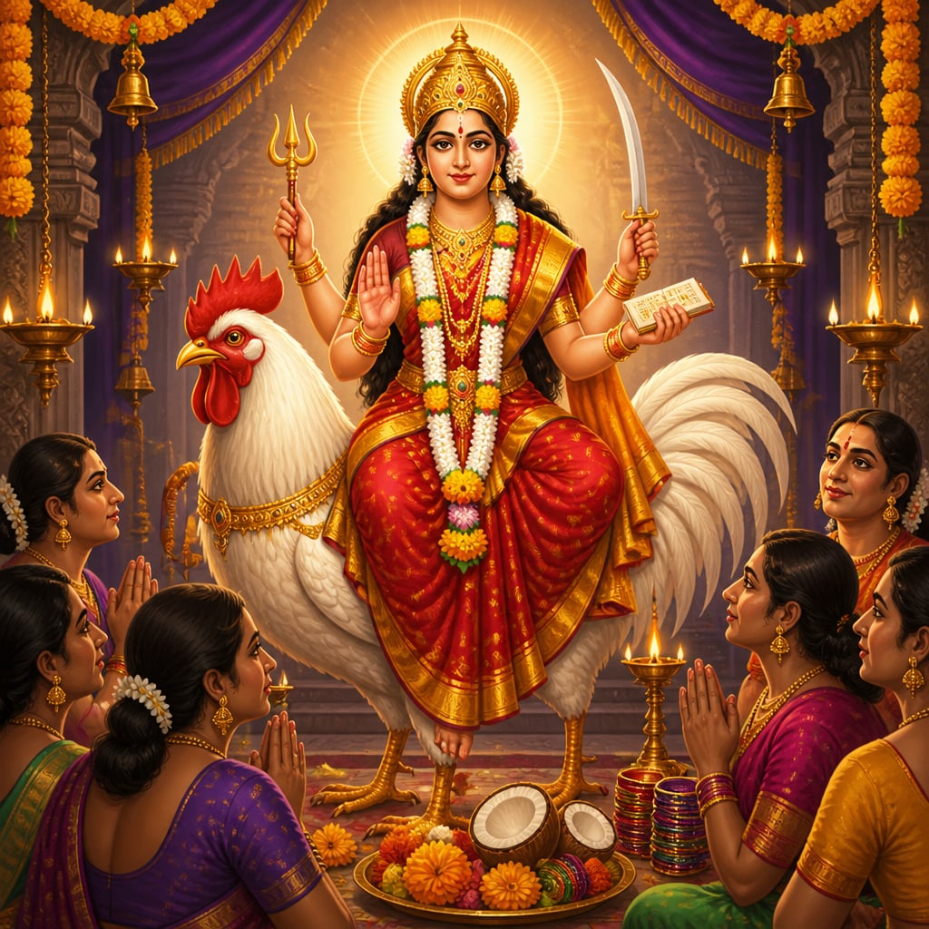 Goddess Bahuchara Mata seated on her white rooster vahana, four-armed, blessing her devotees in the inner sanctum at Becharaji.