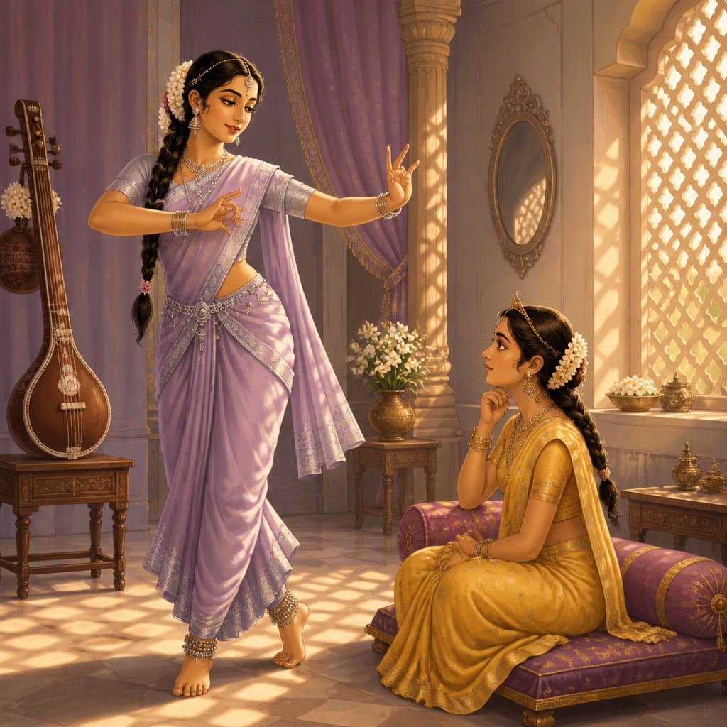 Arjuna as Brihannala, in a lavender silk sari, teaching a precise dance mudra to Princess Uttara in King Virata's palace.