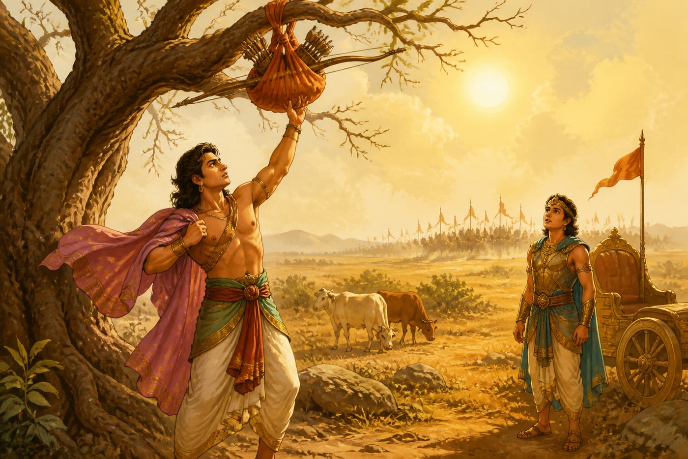 Arjuna retrieving Gandiva from the sami tree