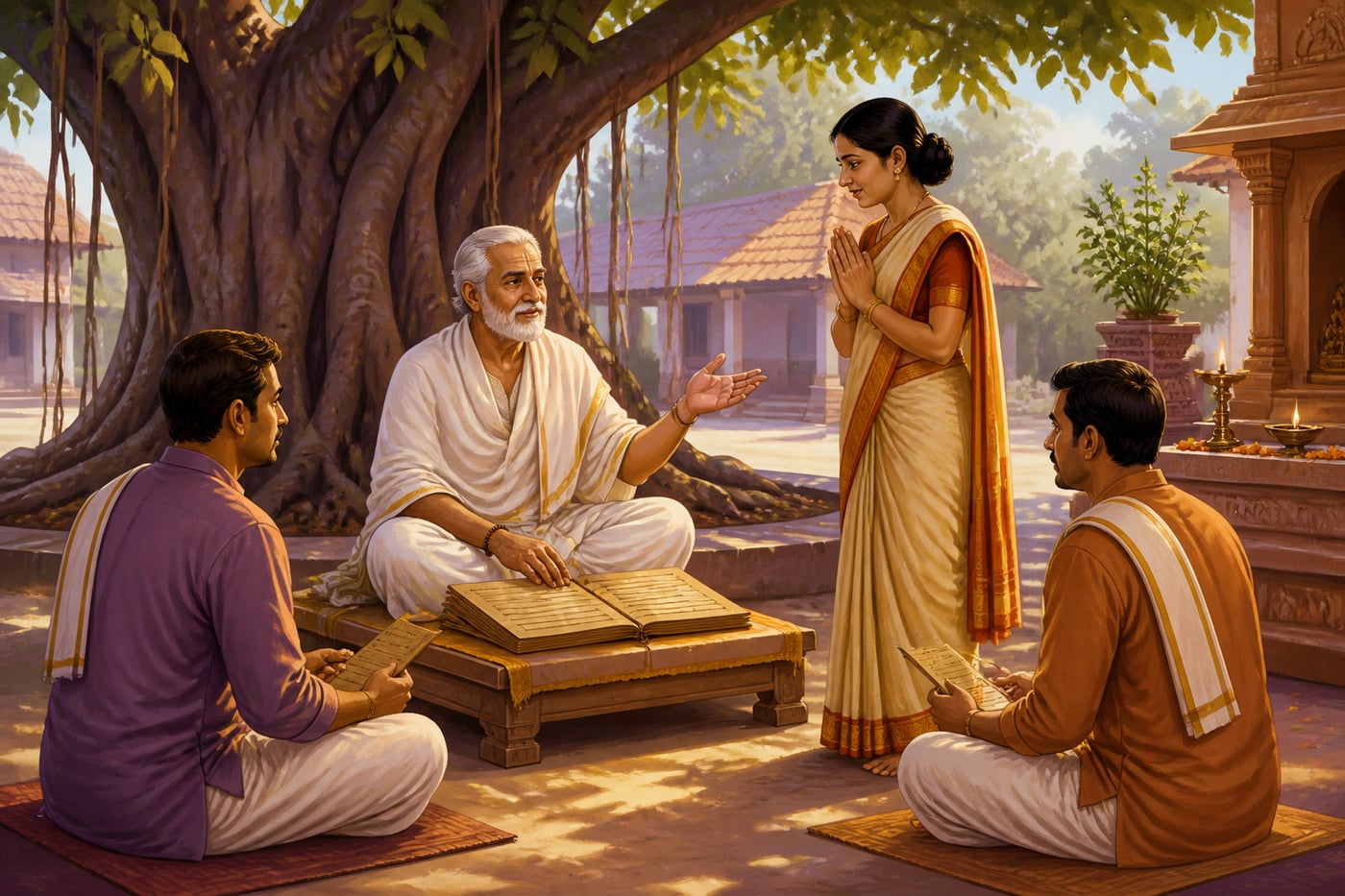 A village elder mediating a dharmic inheritance assembly
