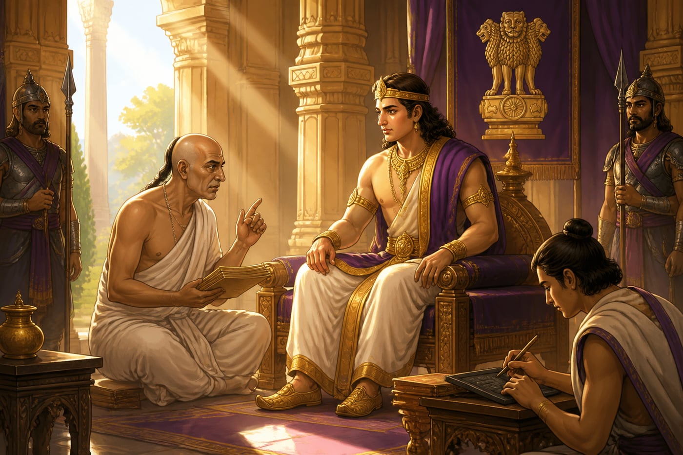 Kautilya advising Chandragupta on Arthashastra provisions