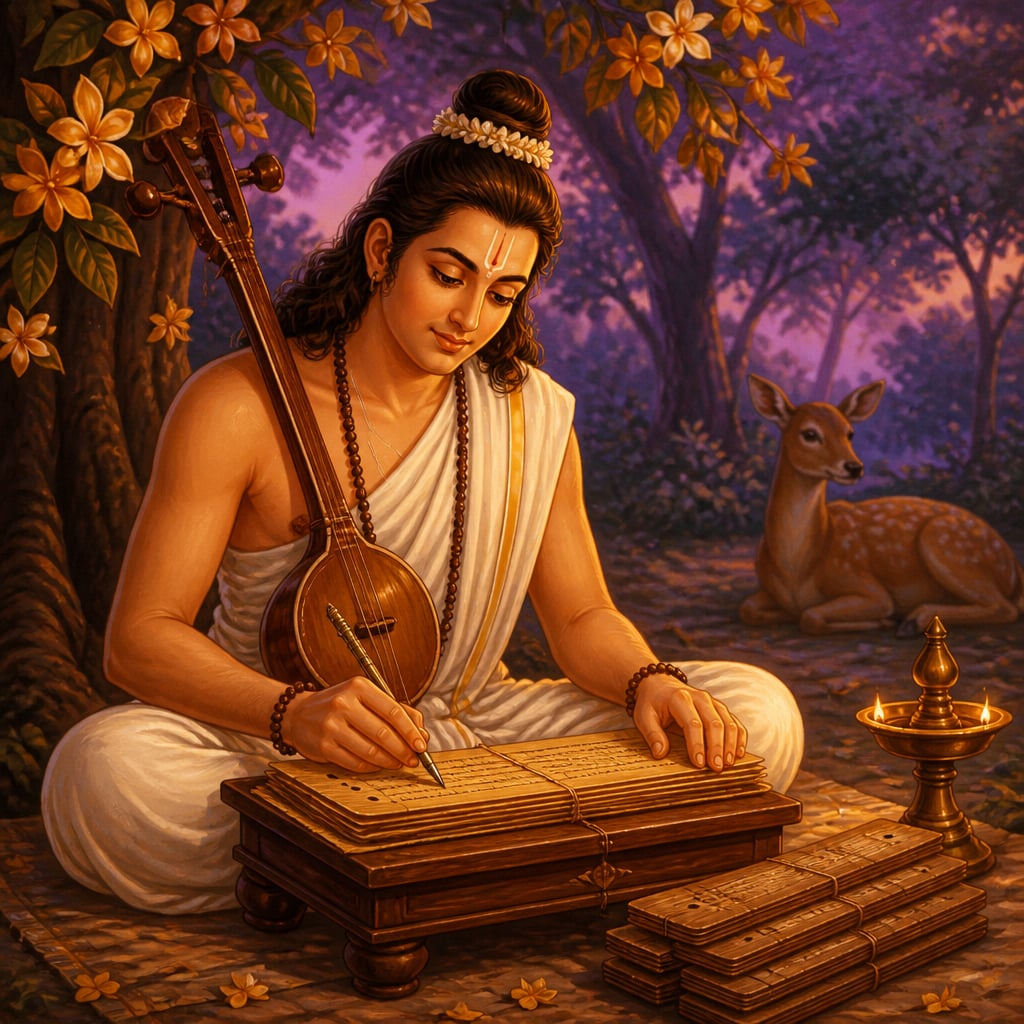 Sage Narada inscribing the Narada Smriti on a palm-leaf manuscript in a forest hermitage, ektara vina at his shoulder.