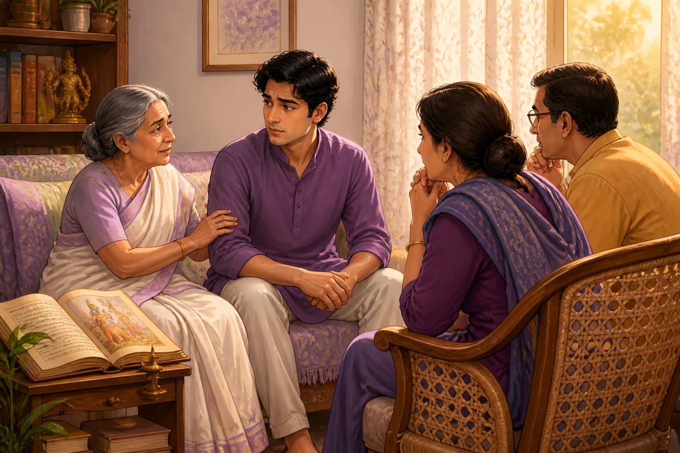 Ammamma teaching Rahul about Shikhandi in the family living room