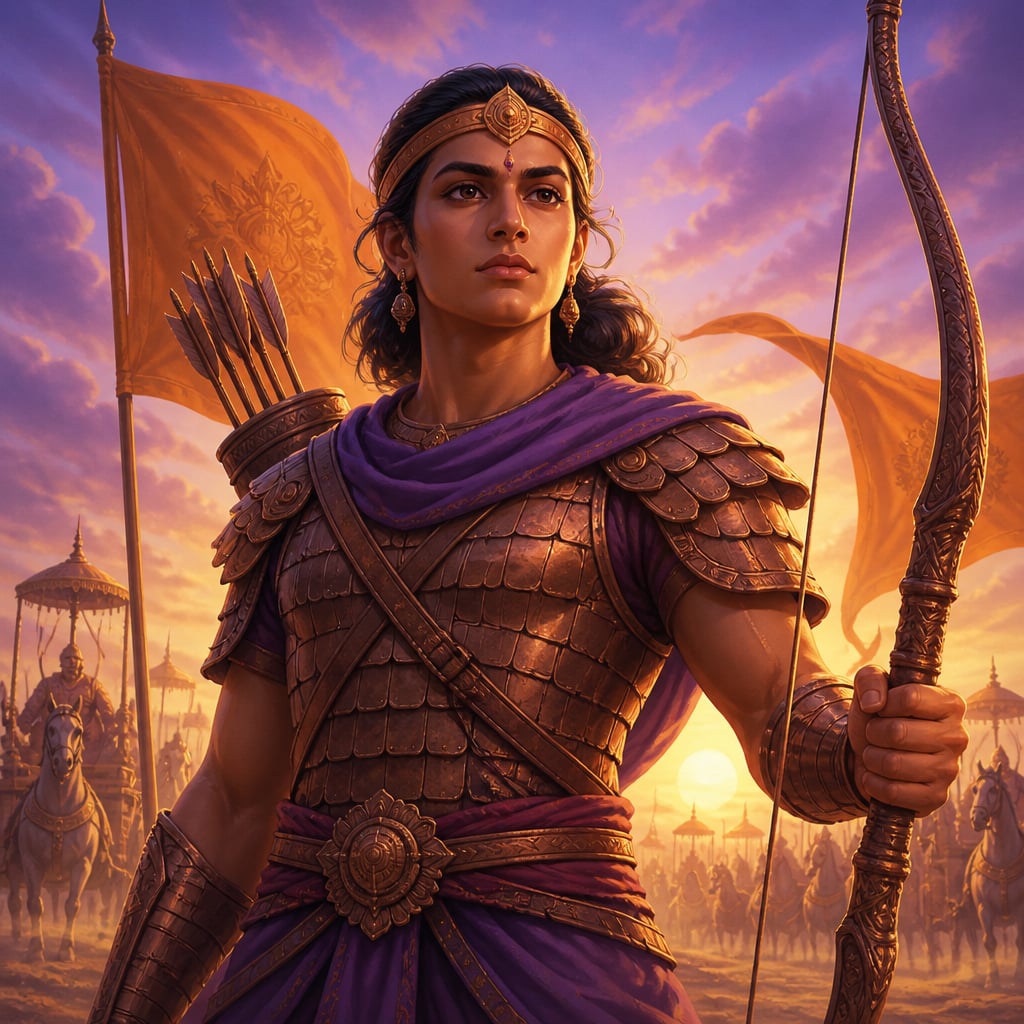 Shikhandi as a maharatha warrior at first light on the Kurukshetra plain.