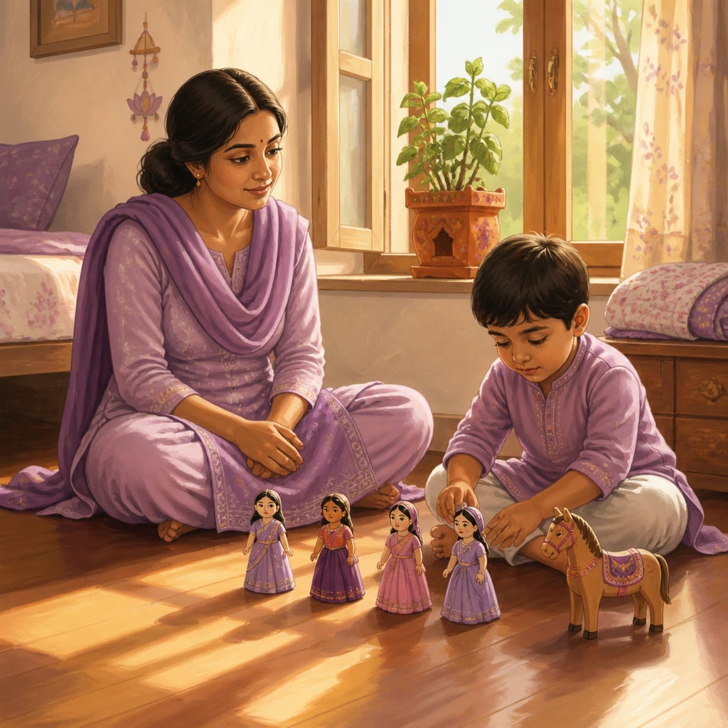 An Indian mother sits quietly watching her young son absorbed in play with dolls and a wooden horse.