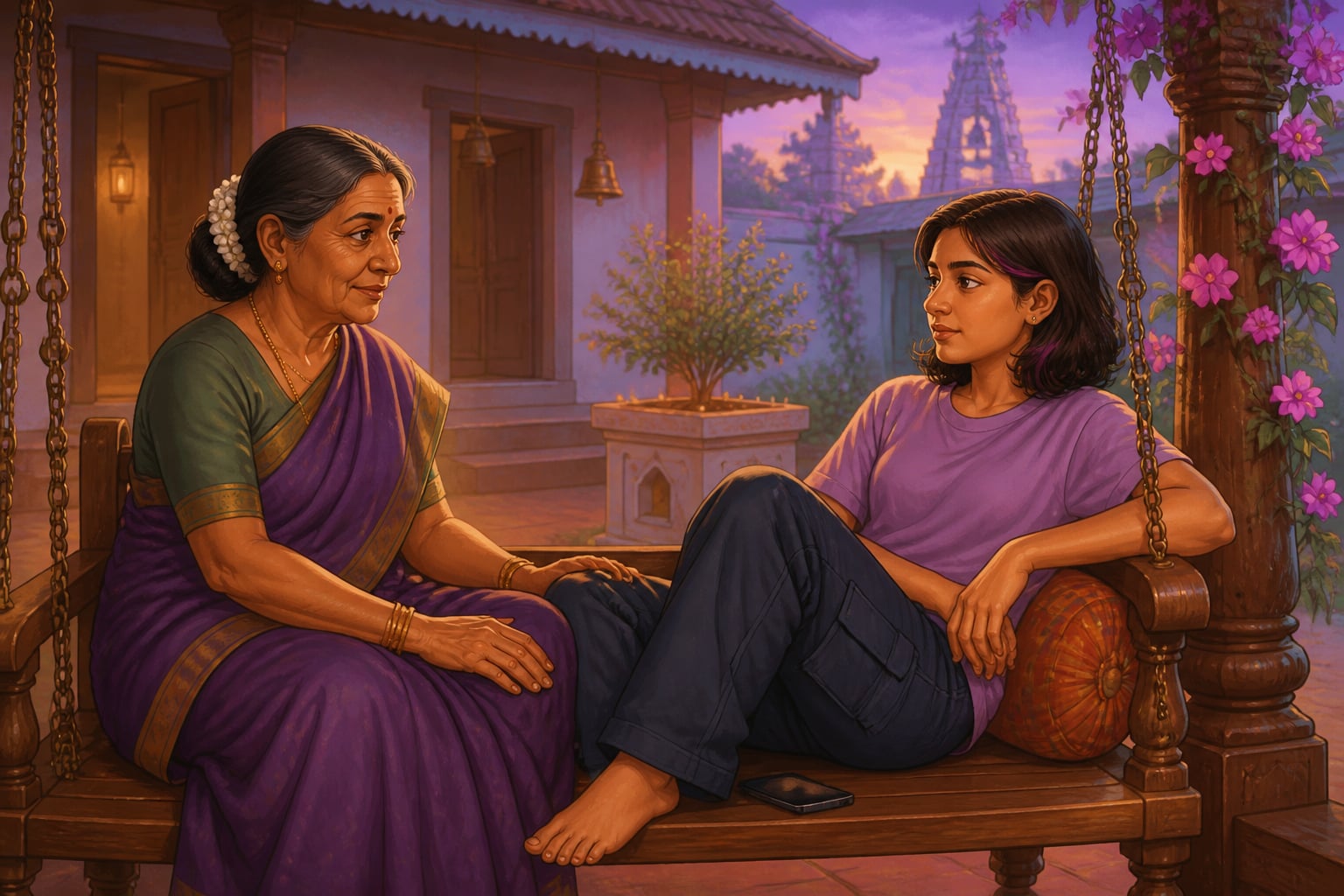 Reddy grandmother sitting patiently with teenage Priya on the swing